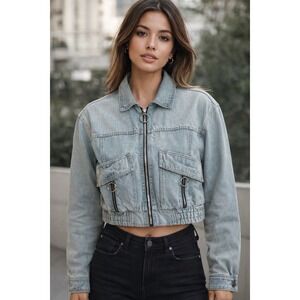 A|X‎ Armani Exchange Cropped Blue Denim Bomber Jacket Fancy Silver Zippers XS